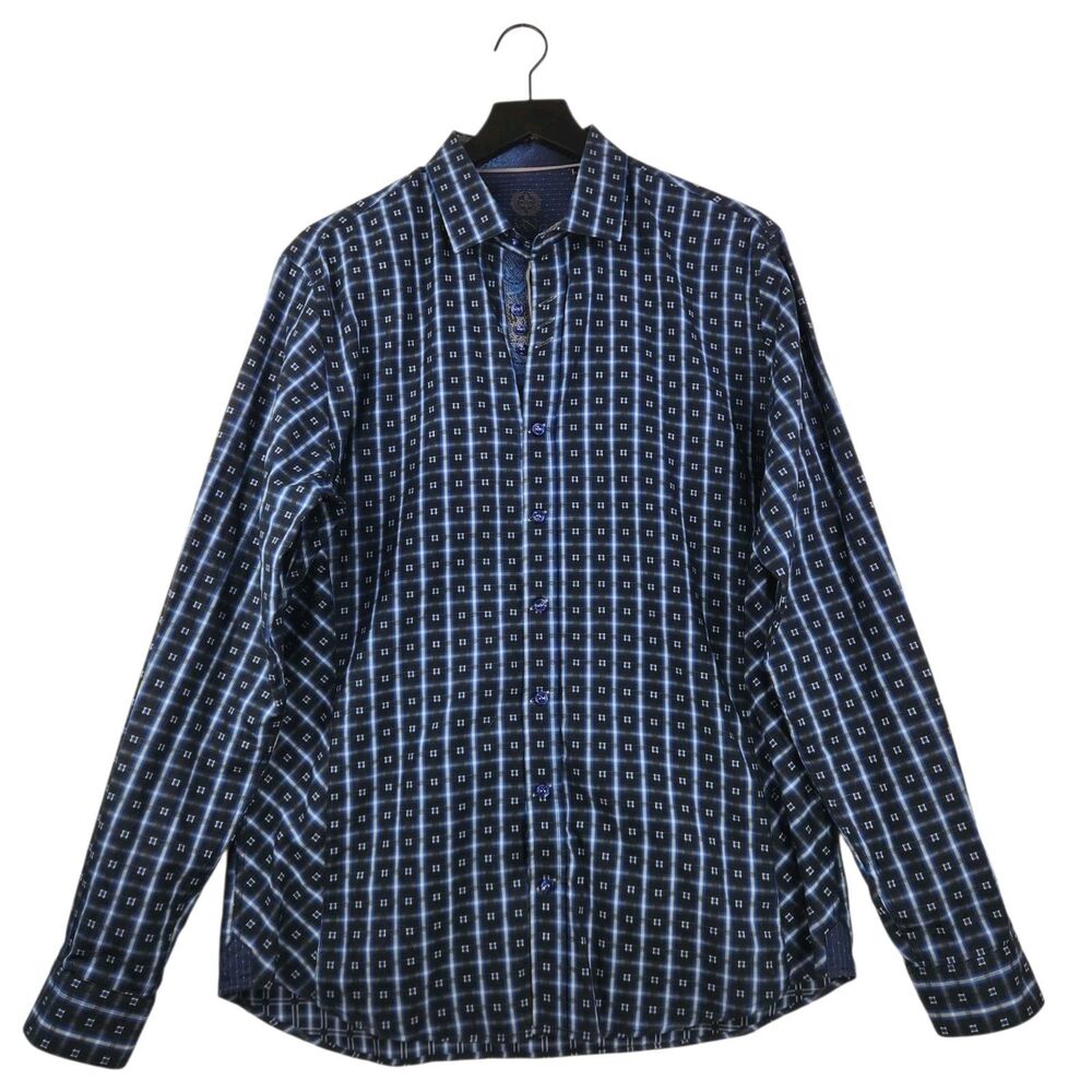 Au Noir Cotton Button Shirt 4 Large Blue‎ Geo Print Long Sleeve Flip Cuff Edgy